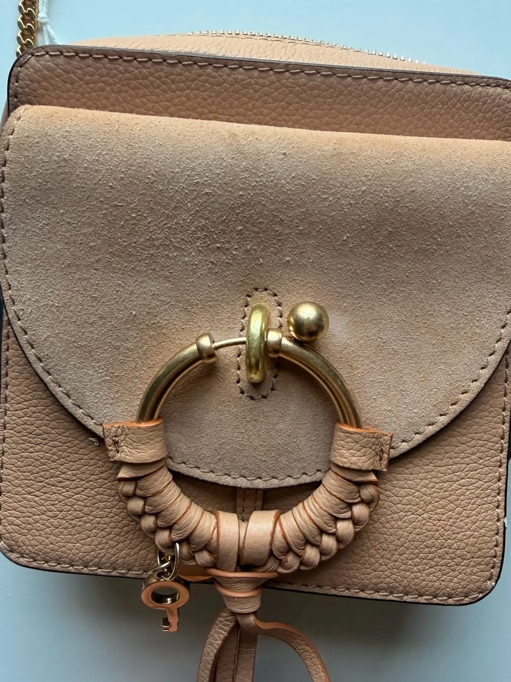 See By Chloe Blush Pink Suede & Leather Crossbody with Gold Ring